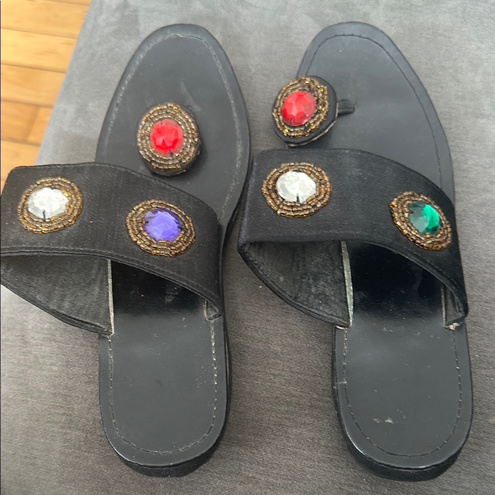 Embellished Black Sandals with Multicolor Gems